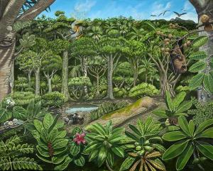 Picture 2: Painting by Julian Hume. Mare Aux Songes around 4000 BP, reconstruction painting using fossil pollen data (analyzed by EJdB) and fossil wood data (Tamara Vernimmen, NCB Naturalis Leiden).