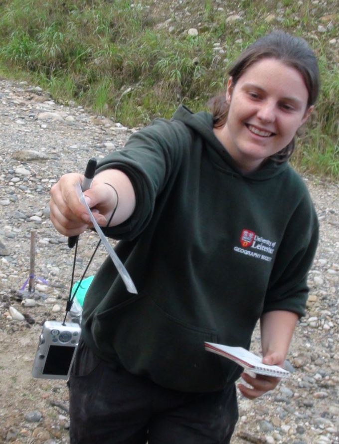 Hayley Keen getting excited about sediments during fieldwork in Ecuador (2012). Photo: J. Malley